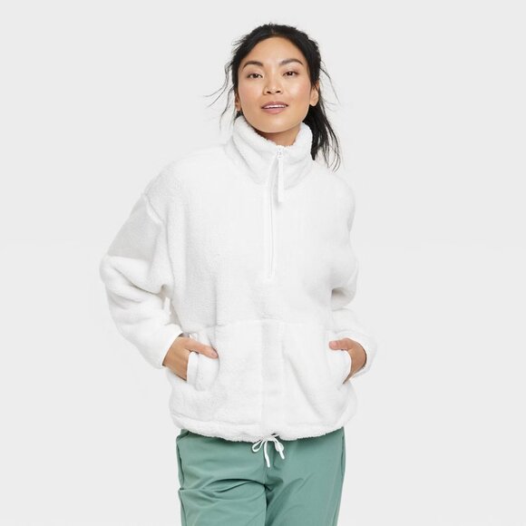 New! Women's High Pile Fleece 1/2 Zip Pull Over - All In Motion™ Cream - Picture 1 of 7
